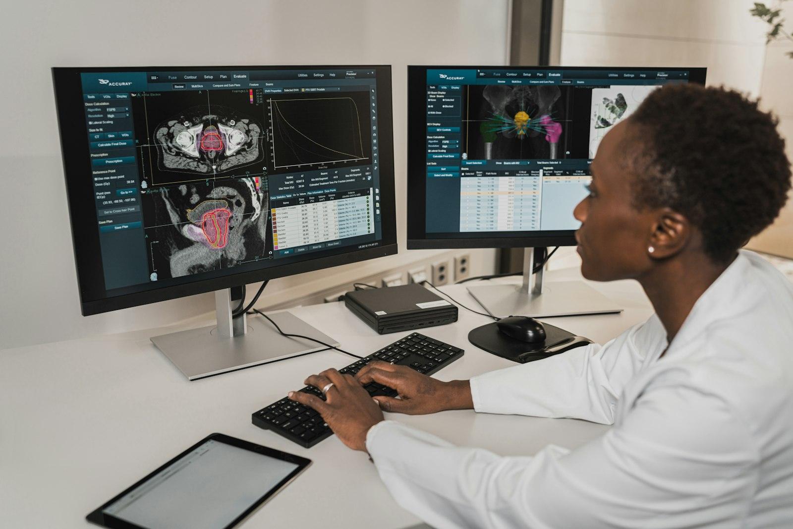 Hospital staff using a computer